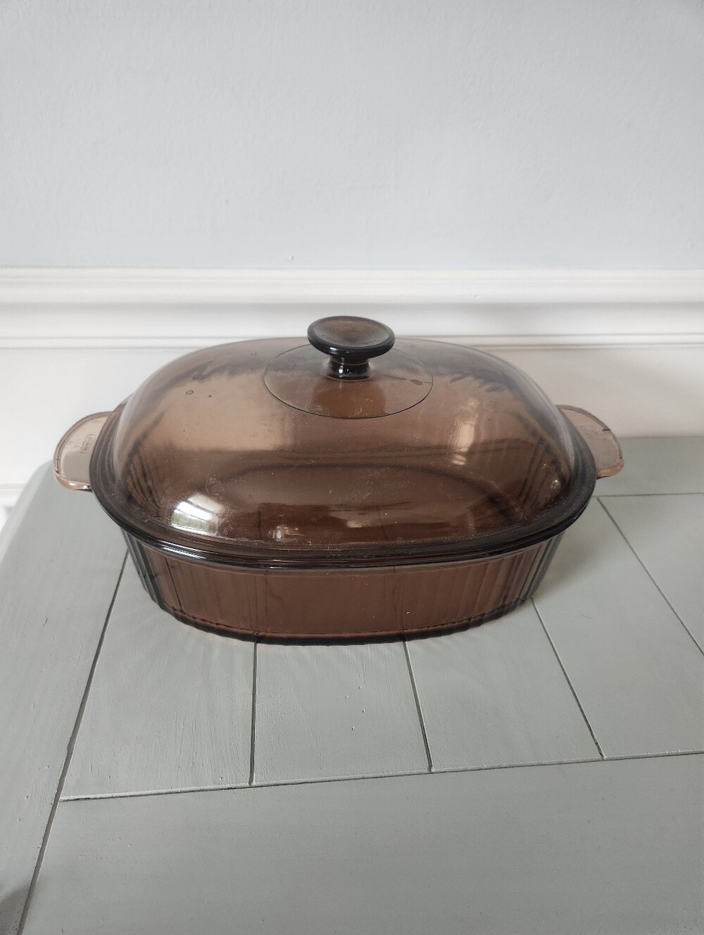 Vintage Corning Visions 4-Liter Amber Glass Ribbed Oval Roaster and Lid